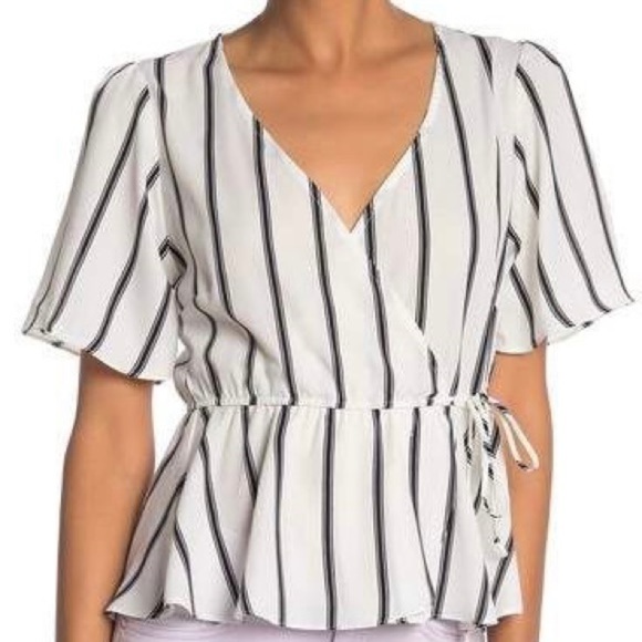 Socialite Black and White Surplice Flutter Sleeve Faux Wrap Short Sleeve Blouse - Picture 1 of 6